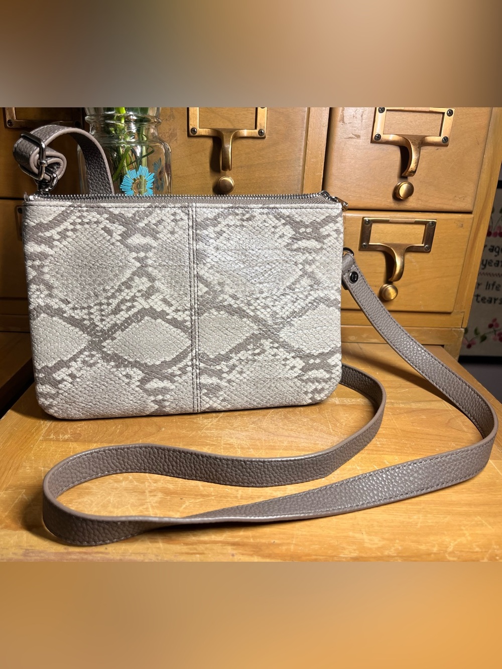 Thirty-One Taupe Snake-Print Crossbody with Adjustable Strap